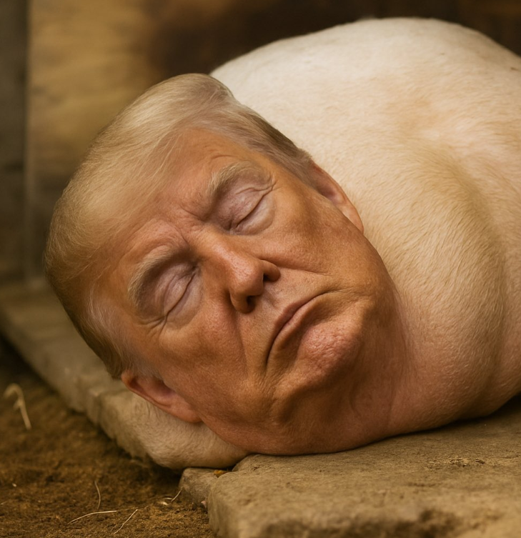 Imagen de Y Gavin Newsom le dice buenas noches pequeño cerdito a Donald Trump. Sube la cara de donald Trump con el cuerpo de un pequeño lechoncito... 